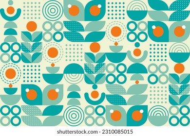 Geometric abstract pattern background, flat design of mosaic with the simple shape of circles, semi-circle, and dot pattern. Mural design. Neo geometric. Vector Illustration.