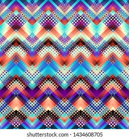 Geometric abstract pattern based on chevron shapes. Polka dot pattern on low poly background. Vector image.