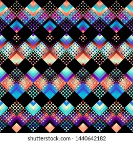 Geometric abstract pattern based on chevron shapes. Polka dot pattern on low poly background. Vector image.