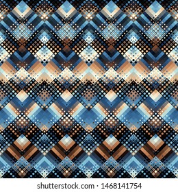 Geometric abstract pattern based on chevron shapes. Polka dot pattern on low poly background. Vector image.