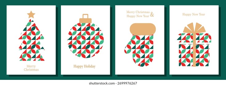 Geometric abstract pattern. Bauhaus style merry Christmas poster. Background design for card, cover, banner, backdrop, leaflet, brochure. Vector illustration.