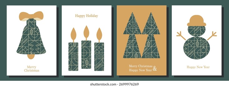 Geometric abstract pattern. Bauhaus style merry Christmas poster. Background design for card, cover, banner, backdrop, leaflet, brochure. Vector illustration.
