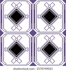 Geometric abstract pattern of beige purple pixels and black diamond shape. Ethnic seamless pattern, line, classic, modern, luxury, elegant, tradition concept for textile, decor, tile, clothing, carpet