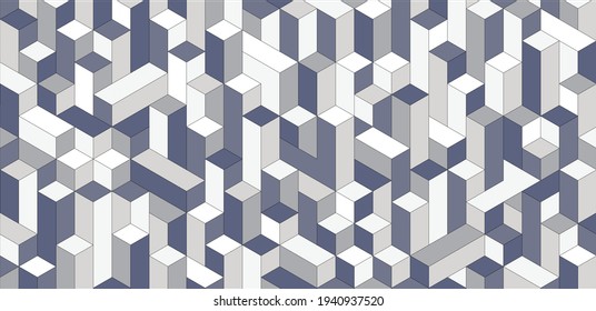 Patrón abstracto geométrico con bloques 3d azules y blancos. Ilustración vectorial.
