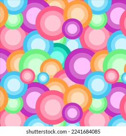 Geometric abstract pattern of brink pink, vivid sky blue, deep saffron, steel green, light green, orchid, baker miller pink, mint green, sky blue color circle shape creatively arranged on background.