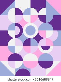 Geometric abstract pattern with circles and squares. Retro modern style in pink, purple, blue and white. Seamless minimal background for posters, prints, textiles, and digital design.
