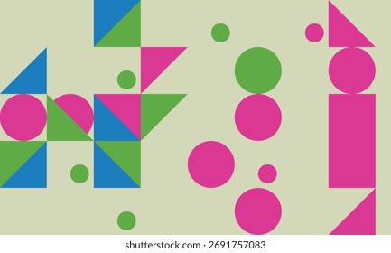 Geometric Abstract Pattern with Circles Squares and Triangles in Green Blue and Pink for Modern Design and Backgrounds