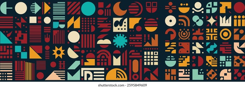 Geometric Abstract Pattern With Colorful Shapes and Symbols on Dark Background.