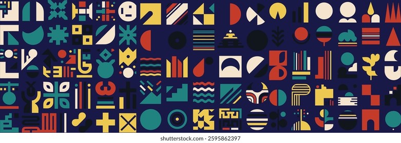 Geometric Abstract Pattern With Colorful Shapes and Symbols on Dark Background.