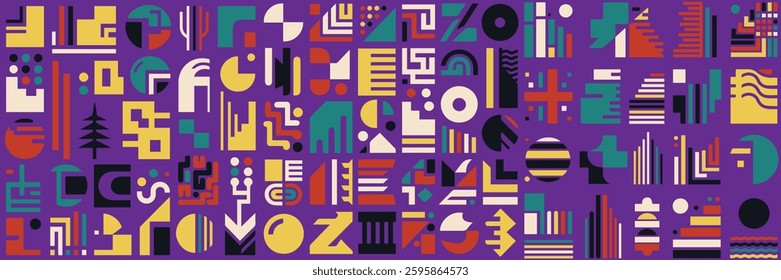 Geometric Abstract Pattern With Colorful Shapes and Symbols on Dark Background.