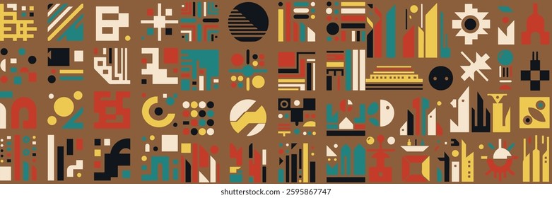 Geometric Abstract Pattern With Colorful Shapes and Symbols on Dark Background.