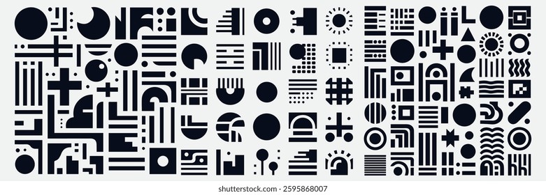 Geometric Abstract Pattern With Colorful Shapes and Symbols on Dark Background.