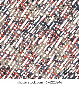 Geometric abstract pattern with crossing diagonal lines and stripes in red grey colors. Sporty nautical design with drops, splashes, small circles, bubbles and organic shapes. Vector background