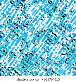 Geometric abstract pattern with crossing diagonal lines and stripes in blue colors. Sporty nautical design with drops, splashes, small circles, bubbles and organic shapes. Speckled vector background