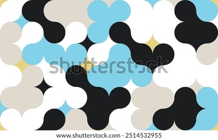 Geometric abstract pattern with curved shapes. Seamless vector background with playful varied shapes and four point stars	