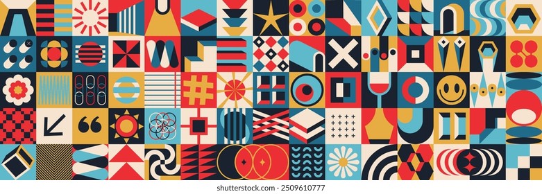 Geometric abstract pattern design. Deconstructed forms for posters, banners, digital printing. Avant-garde mosaic background. Brutal geometric shapes. Minimalistic postmodern forms, Swiss banner desig