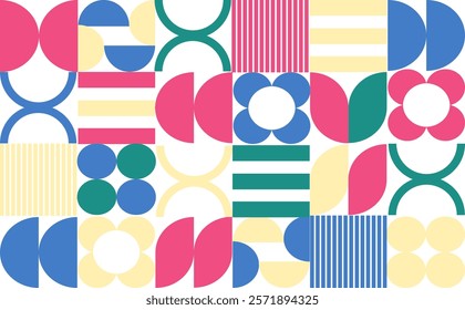 Geometric abstract pattern design of vector prints background with rectangles, squares and circles. Bauhaus style.