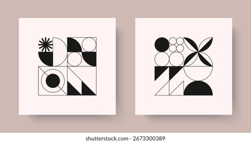 Geometric abstract pattern designs.Brutal inspired arts with simple modular shapes and forms.Trendy swiss aesthetic.Modern bold graphics for digital prints,branding,packaging,web,posters,emblems.
