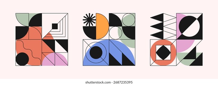 Geometric abstract pattern designs.Brutal inspired arts with simple modular shapes and forms.Trendy swiss aesthetic.Modern bold graphics for digital prints; branding; packaging; web; posters; emblems.