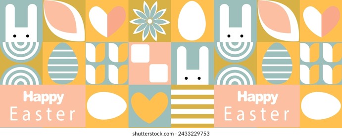 Geometric abstract pattern. Easter, eggs, flowers, plants of simple shapes. Vector illustration.Bauhaus pattern abstract geometric.