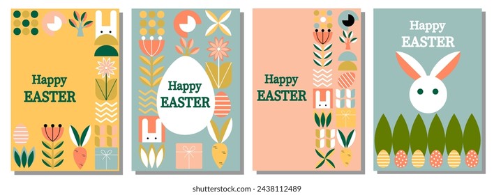 Geometric abstract pattern. Easter, eggs, flowers, plants of simple shapes. Vector illustration.Bauhaus pattern abstract geometric.