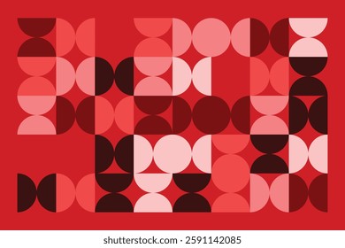 A geometric abstract pattern featuring semicircles and quarter circles in red and pink hues. The structured yet fluid design creates a modern and rhythmic visual composition with bold contrasts.