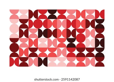 A geometric abstract pattern featuring semicircles and quarter circles in red and pink hues. The structured yet fluid design creates a modern and rhythmic visual composition with bold contrasts.