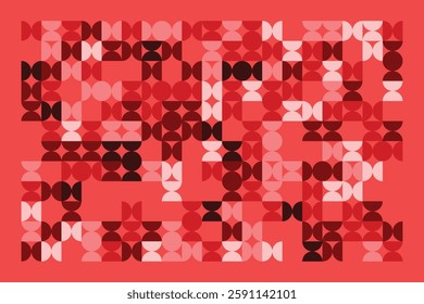 A geometric abstract pattern featuring semicircles and quarter circles in red and pink hues. The structured yet fluid design creates a modern and rhythmic visual composition with bold contrasts.