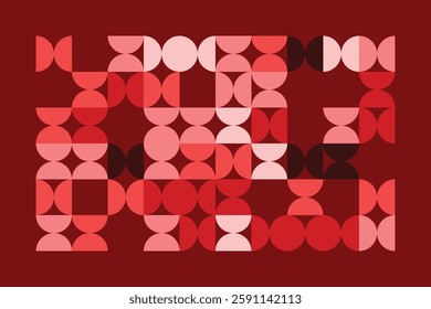 A geometric abstract pattern featuring semicircles and quarter circles in red and pink hues. The structured yet fluid design creates a modern and rhythmic visual composition with bold contrasts.