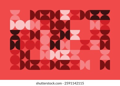 A geometric abstract pattern featuring semicircles and quarter circles in red and pink hues. The structured yet fluid design creates a modern and rhythmic visual composition with bold contrasts.