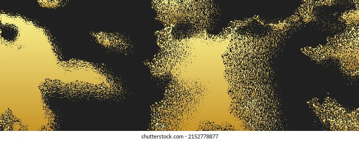 Geometric abstract pattern, festive black background, banner. Golden grunge texture with sparkles, blots, splashes. Modern design solution for brochure, catalogue, book, poster, flyer, invitation.
