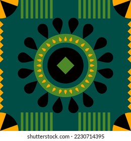 Geometric abstract pattern for floor tile or wall tile. Green color seamless vector background. It's look like ikat printing textile pattern wallpaper. Pattern for home decoration.