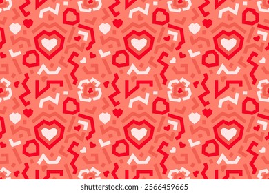 Geometric abstract pattern in the form of hearts and roses. Seamless vector pattern of red and pink hearts, stripes. Background for packaging, textiles, banners and party invitations. valentine s day