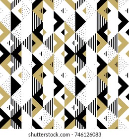 Geometric abstract pattern of golden seamless triangle and black square pattern. Vector background of black, white and gold line and dot pattern ornament texture for backdrop tile template design