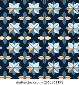 Geometric abstract pattern with intricate motifs and bold blue-orange hues