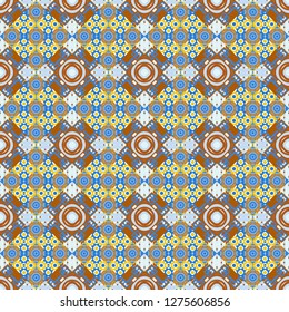 Geometric abstract pattern. Modern ornament with brown, blue and orange elements. Seamless geometric vector pattern.