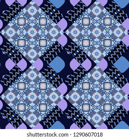 Geometric abstract pattern. Modern ornament with violet, black and blue elements. Seamless geometric vector pattern.