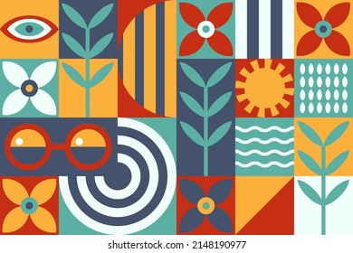 Geometric abstract pattern on a summer theme with flowers, leaves, sunglasses and strips. Flat style. Colorful pattern for clothes, accessories, notebooks and much more. Abstract background.
