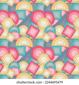 Geometric abstract pattern of pink, brink pink, shadow blue, cadet gray, orange yellow, wheat, green, blue color square, triangle, round, hexagon creatively arranged on white background.Textile design