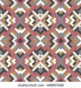 Geometric abstract pattern in red, brown and blue colors for design. Vector seamless background of triangles. Mosaic texture for textile, wallpaper, clown, carpeting, book cover