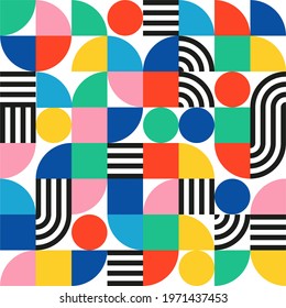 
Geometric Abstract Pattern - Seamless Bauhaus Style - Simple Repeating Lines and shapes Mosaic Background Red Blue Green Yellow