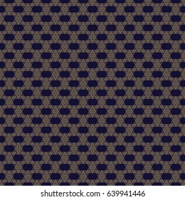 Geometric abstract pattern. Seamless sacred geometry background. Dark blue and gold texture. Graphic modern pattern. Vector.