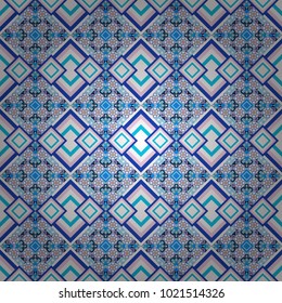 Geometric abstract pattern. Seamless geometric vector pattern. Modern ornament with blue, white and violet elements.