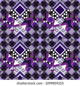 Geometric abstract pattern. Seamless geometric vector pattern. Modern ornament with black, violet and white elements.