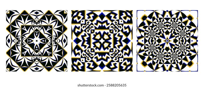 Geometric abstract pattern set with a black, blue, and gold color scheme. Optical illusion design with intricate symmetry. Perfect for tiles, textiles, packaging, and backgrounds.