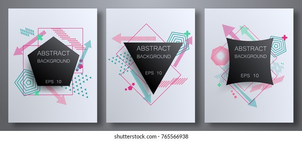 Geometric abstract pattern set with sharp forms, colors: triangles, circles, points, modern elements. Can be used on flyers, web, geometric design, cover. Vector geometric abstract illustration.