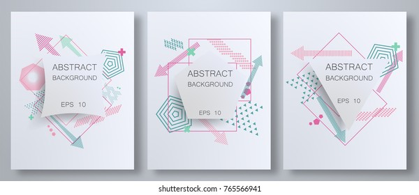 Geometric abstract pattern set with sharp forms, colors: triangles, circles, points, modern elements. Can be used on flyers, web, geometric design, cover. Vector geometric abstract illustration.
