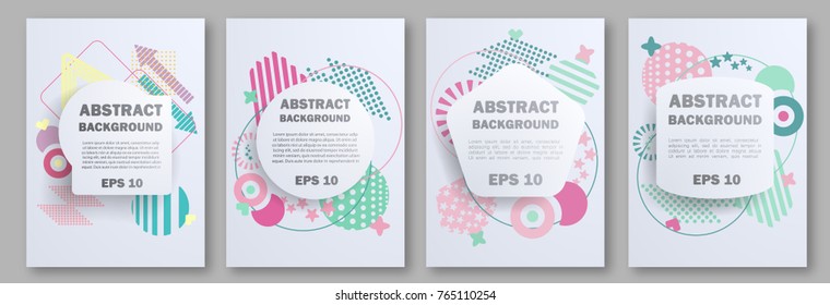 Geometric abstract pattern set with soft forms, colors: triangles, circles, points, modern elements. Can be used on flyers, banners, web, geometric design, cover. Vector abstract illustration.