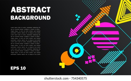 Geometric abstract pattern with sharp forms, colors triangles, circles, points, modern elements. Can be used on flyers, banners, web, design, cover, template, decorated, brochure. Vector illustration.
