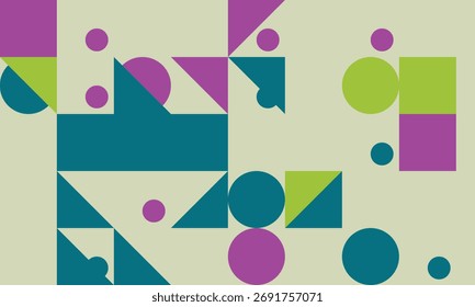 Geometric Abstract Pattern with Squares Circles and Triangles in Teal Purple and Green for Backgrounds and Modern Designs